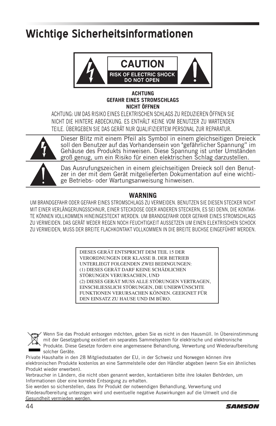 Wichtige sicherheitsinformationen, Warning | Samson CB288 Beltpack Transmitter for Concert 288 Wireless System (Band H, Channel A) User Manual | Page 44 / 104