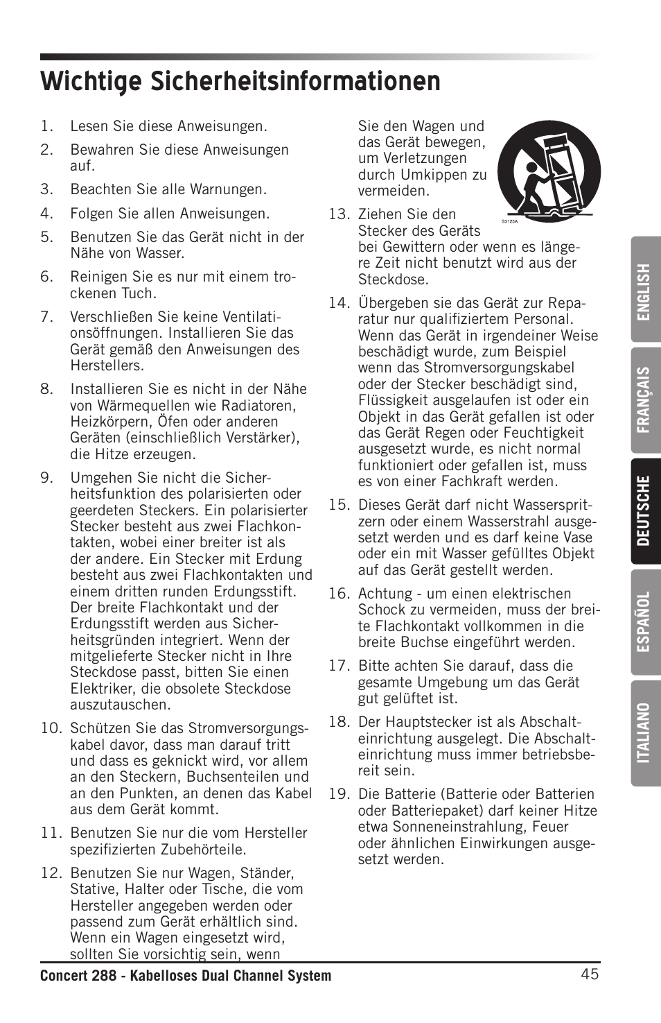 Wichtige sicherheitsinformationen | Samson CB288 Beltpack Transmitter for Concert 288 Wireless System (Band H, Channel A) User Manual | Page 45 / 104