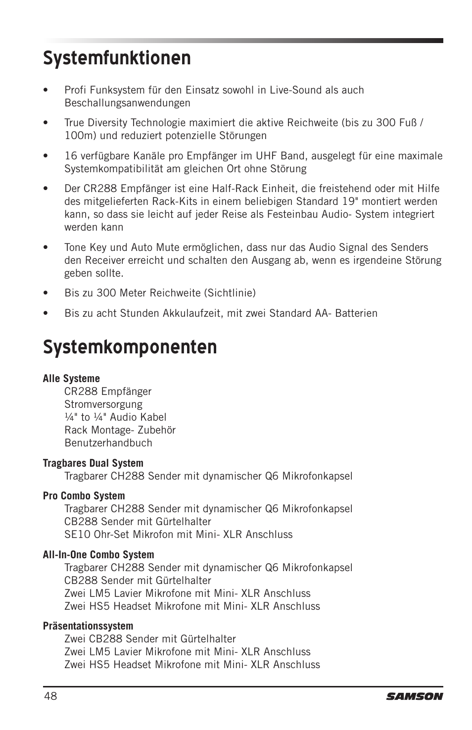 Systemkomponenten systemfunktionen | Samson CB288 Beltpack Transmitter for Concert 288 Wireless System (Band H, Channel A) User Manual | Page 48 / 104