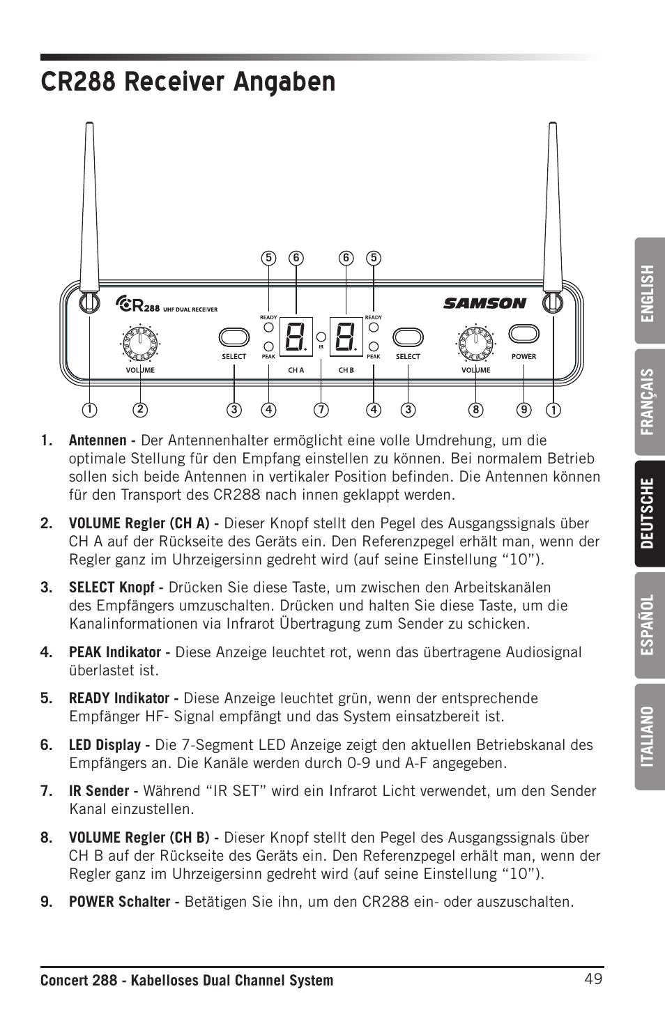 Cr288 receiver angaben | Samson CB288 Beltpack Transmitter for Concert 288 Wireless System (Band H, Channel A) User Manual | Page 49 / 104