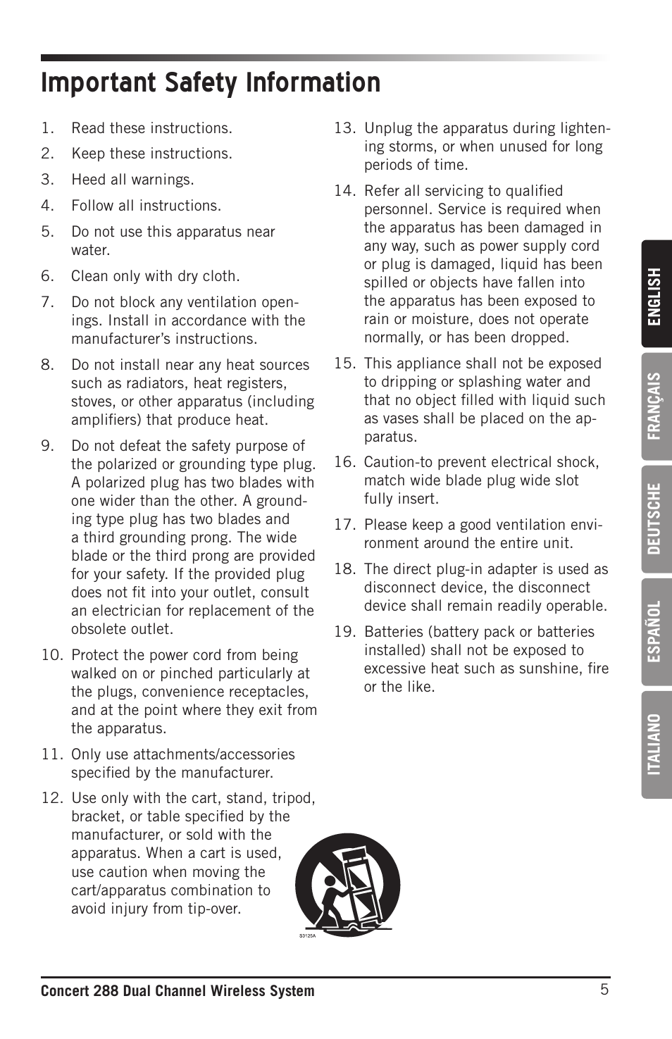 Important safety information | Samson CB288 Beltpack Transmitter for Concert 288 Wireless System (Band H, Channel A) User Manual | Page 5 / 104