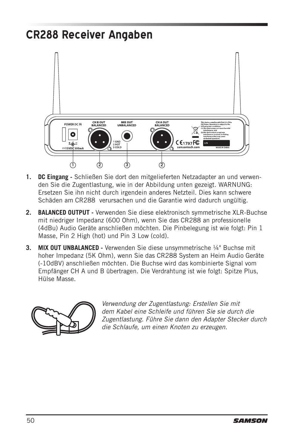 Cr288 receiver angaben | Samson CB288 Beltpack Transmitter for Concert 288 Wireless System (Band H, Channel A) User Manual | Page 50 / 104