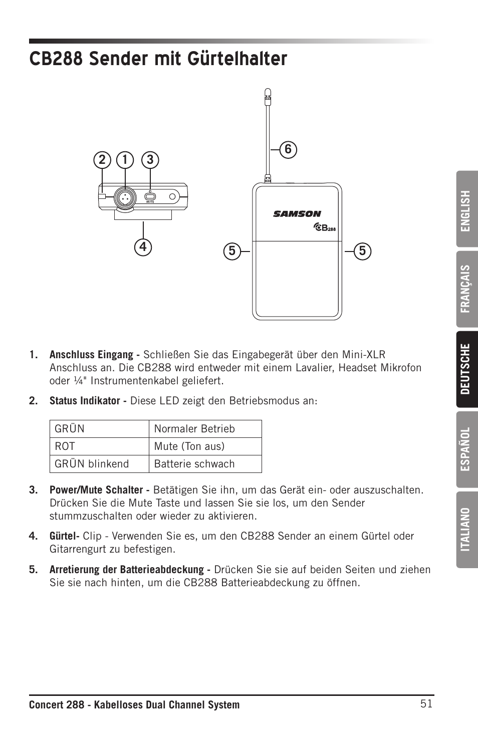 Cb288 sender mit gürtelhalter | Samson CB288 Beltpack Transmitter for Concert 288 Wireless System (Band H, Channel A) User Manual | Page 51 / 104