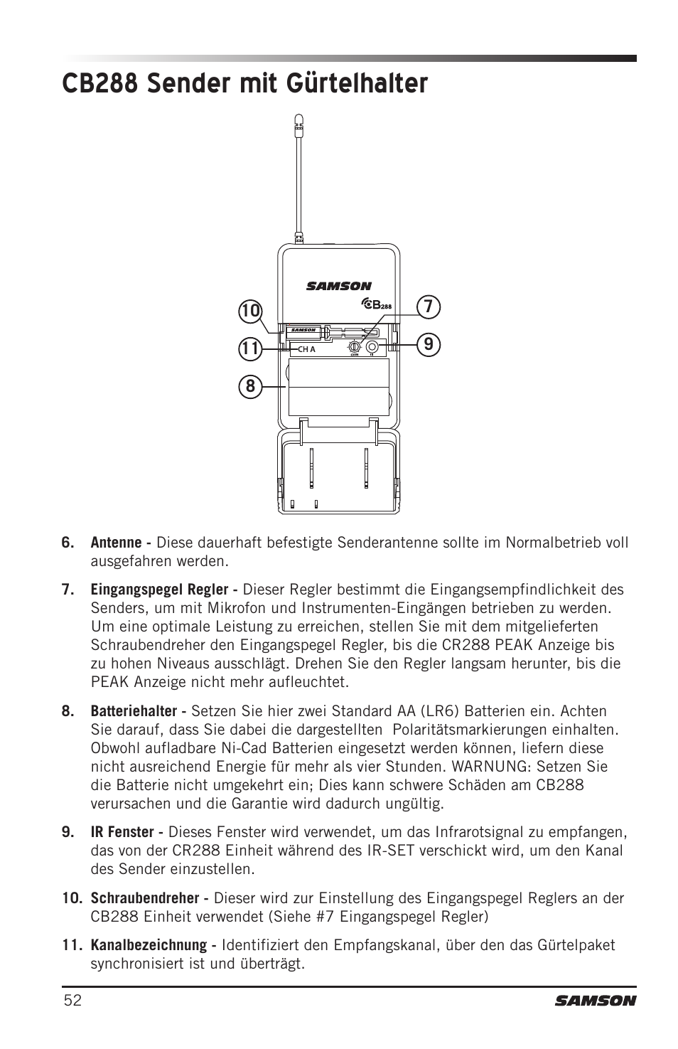 Cb288 sender mit gürtelhalter | Samson CB288 Beltpack Transmitter for Concert 288 Wireless System (Band H, Channel A) User Manual | Page 52 / 104