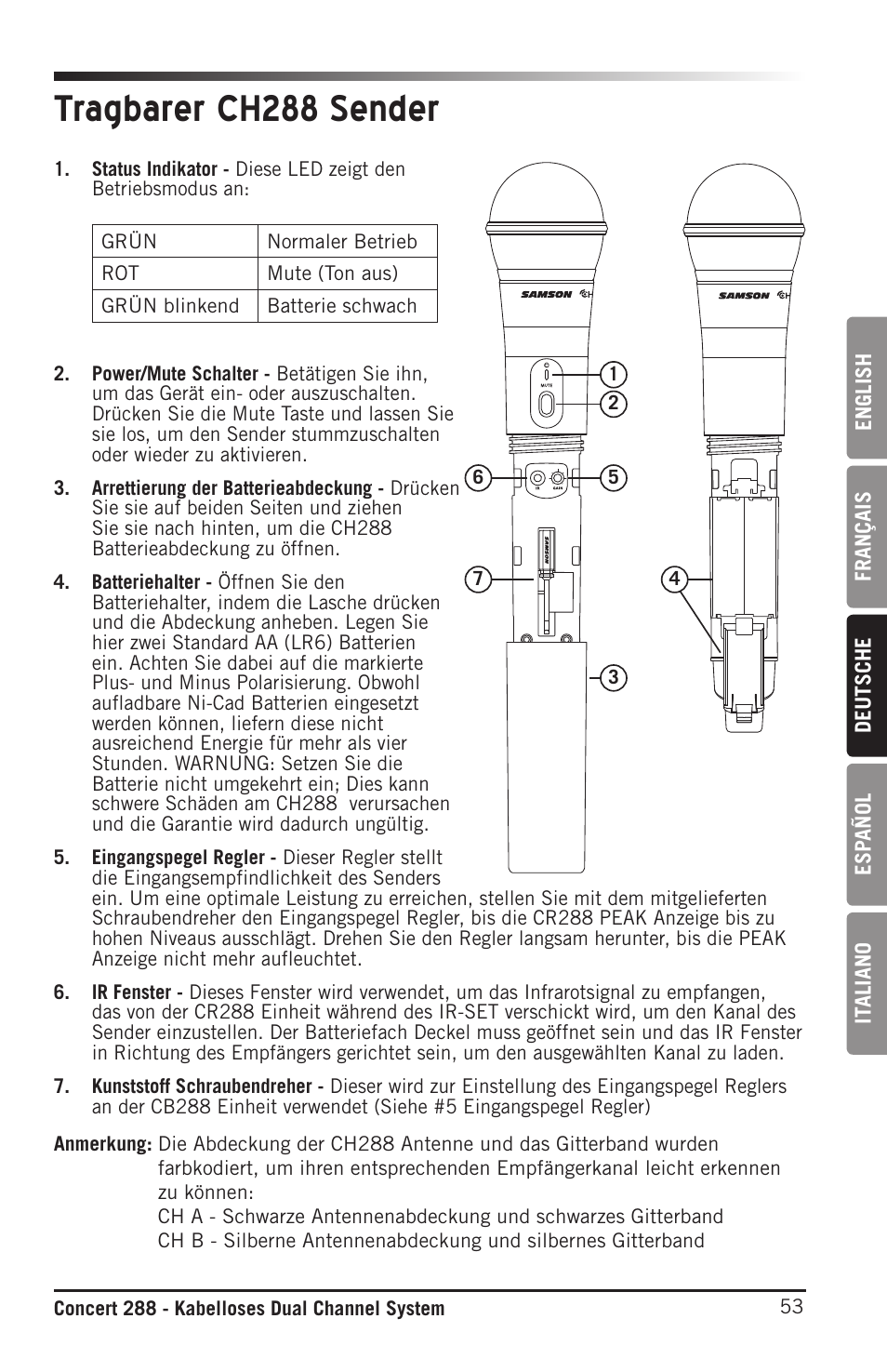 Tragbarer ch288 sender | Samson CB288 Beltpack Transmitter for Concert 288 Wireless System (Band H, Channel A) User Manual | Page 53 / 104