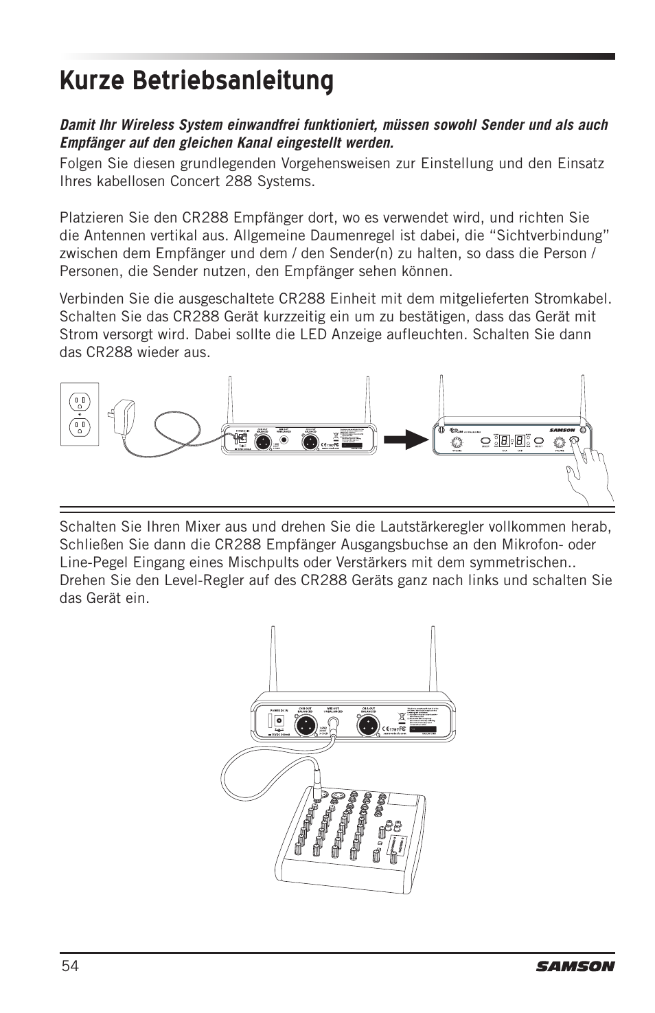 Kurze betriebsanleitung | Samson CB288 Beltpack Transmitter for Concert 288 Wireless System (Band H, Channel A) User Manual | Page 54 / 104