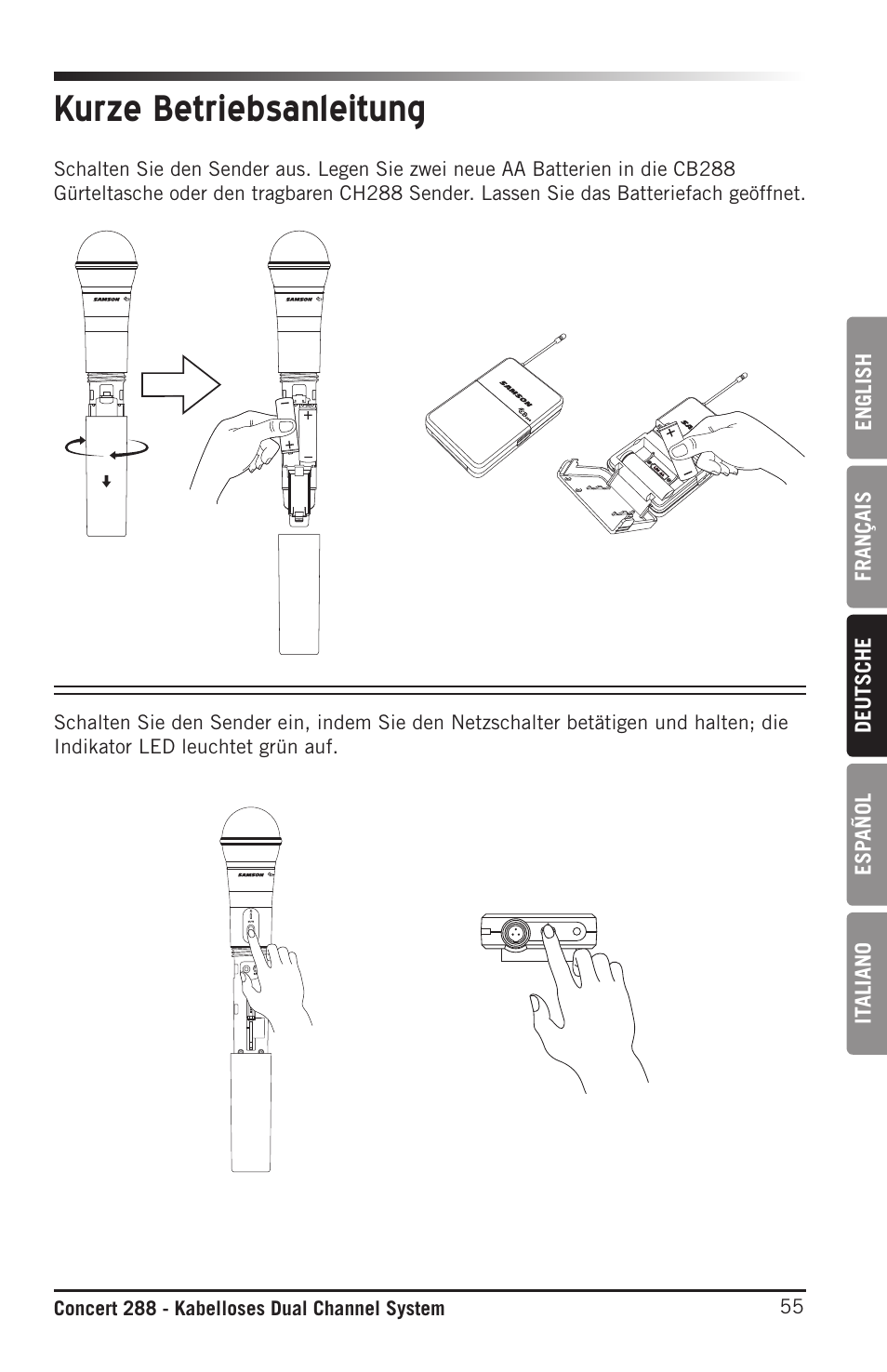 Kurze betriebsanleitung, English français deutsche esp añol it aliano | Samson CB288 Beltpack Transmitter for Concert 288 Wireless System (Band H, Channel A) User Manual | Page 55 / 104