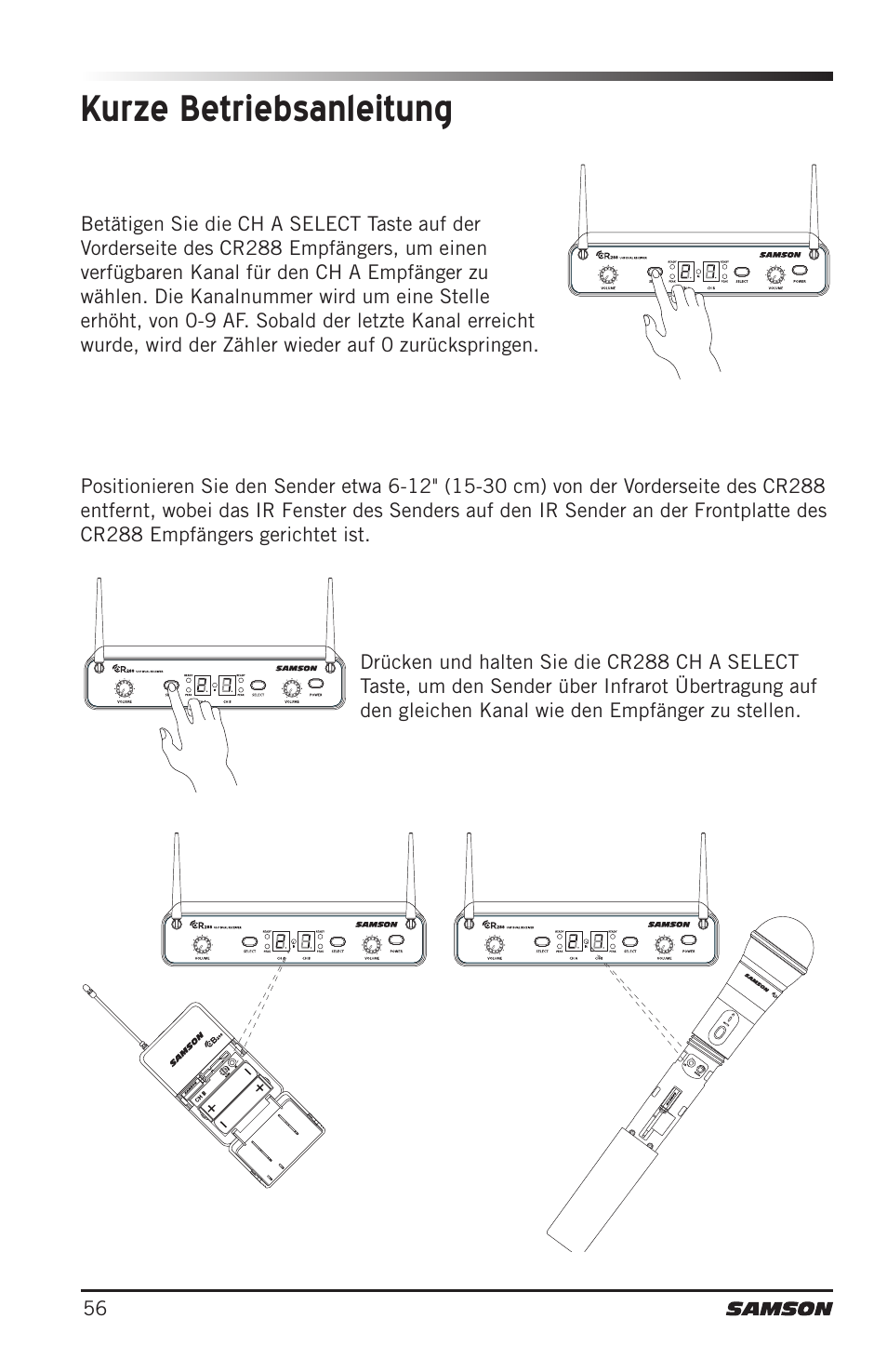 Kurze betriebsanleitung | Samson CB288 Beltpack Transmitter for Concert 288 Wireless System (Band H, Channel A) User Manual | Page 56 / 104
