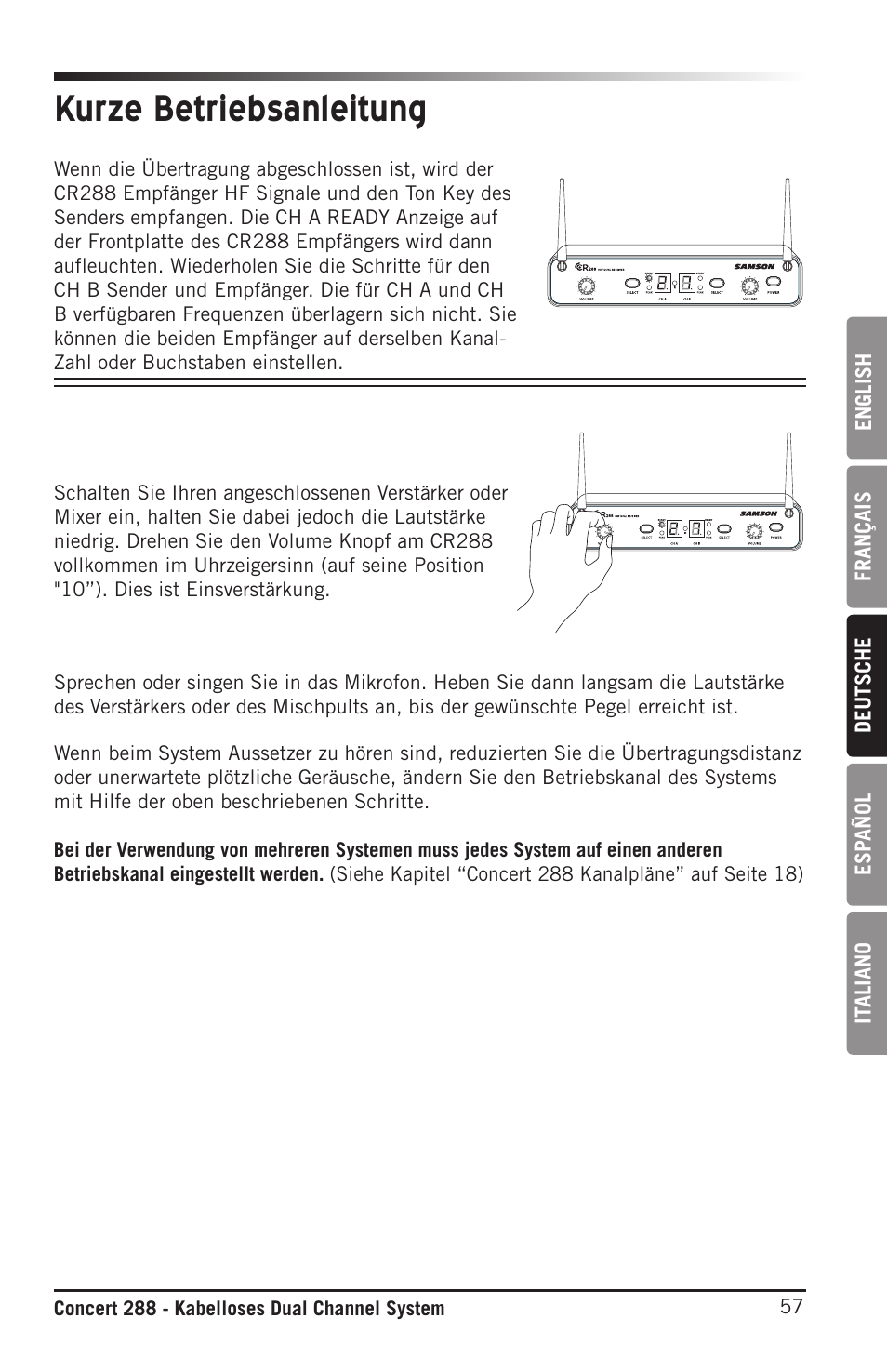 Kurze betriebsanleitung | Samson CB288 Beltpack Transmitter for Concert 288 Wireless System (Band H, Channel A) User Manual | Page 57 / 104