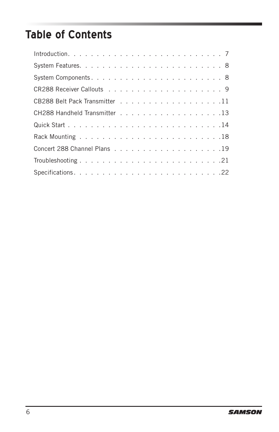 Samson CB288 Beltpack Transmitter for Concert 288 Wireless System (Band H, Channel A) User Manual | Page 6 / 104