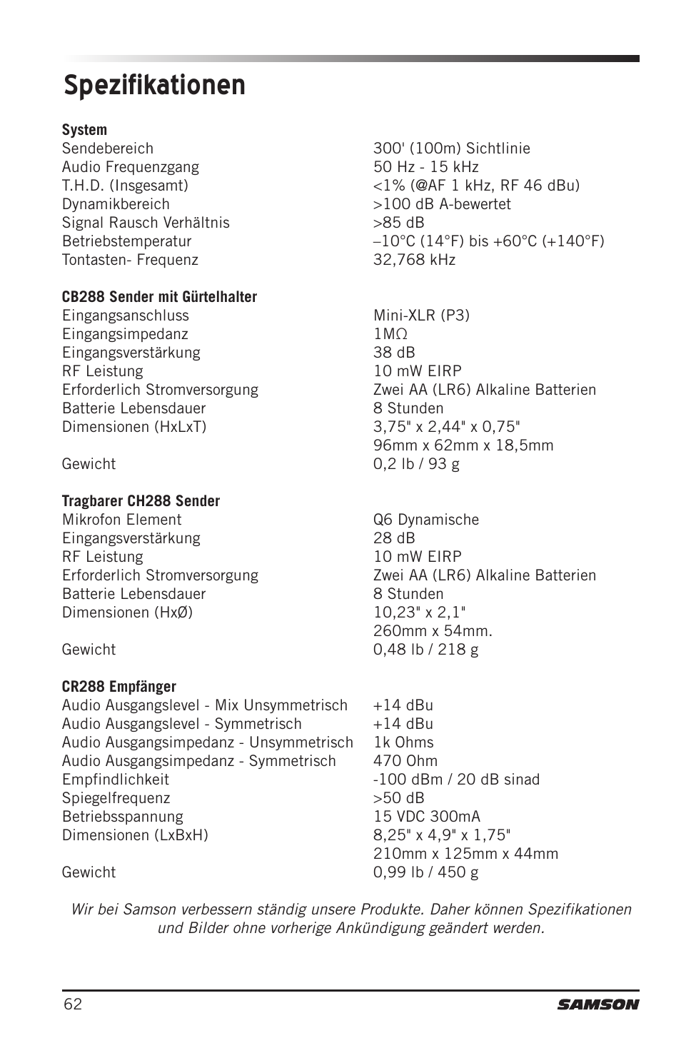 Spezifikationen | Samson CB288 Beltpack Transmitter for Concert 288 Wireless System (Band H, Channel A) User Manual | Page 62 / 104