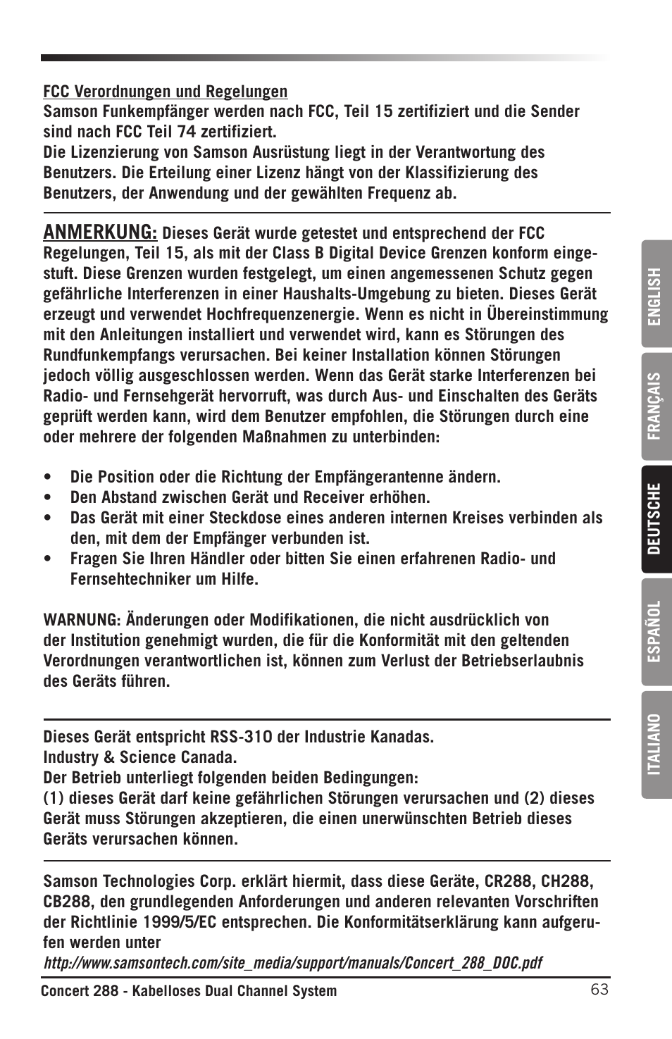 Anmerkung | Samson CB288 Beltpack Transmitter for Concert 288 Wireless System (Band H, Channel A) User Manual | Page 63 / 104