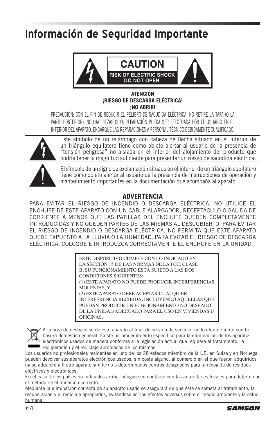 Información de seguridad importante, Advertencia | Samson CB288 Beltpack Transmitter for Concert 288 Wireless System (Band H, Channel A) User Manual | Page 64 / 104