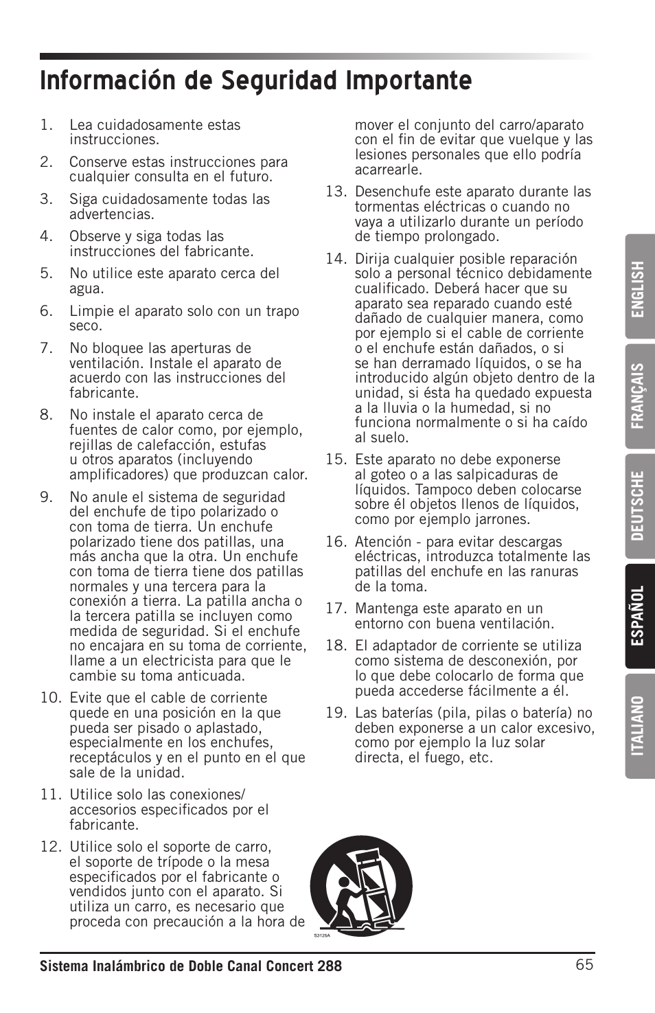 Información de seguridad importante | Samson CB288 Beltpack Transmitter for Concert 288 Wireless System (Band H, Channel A) User Manual | Page 65 / 104