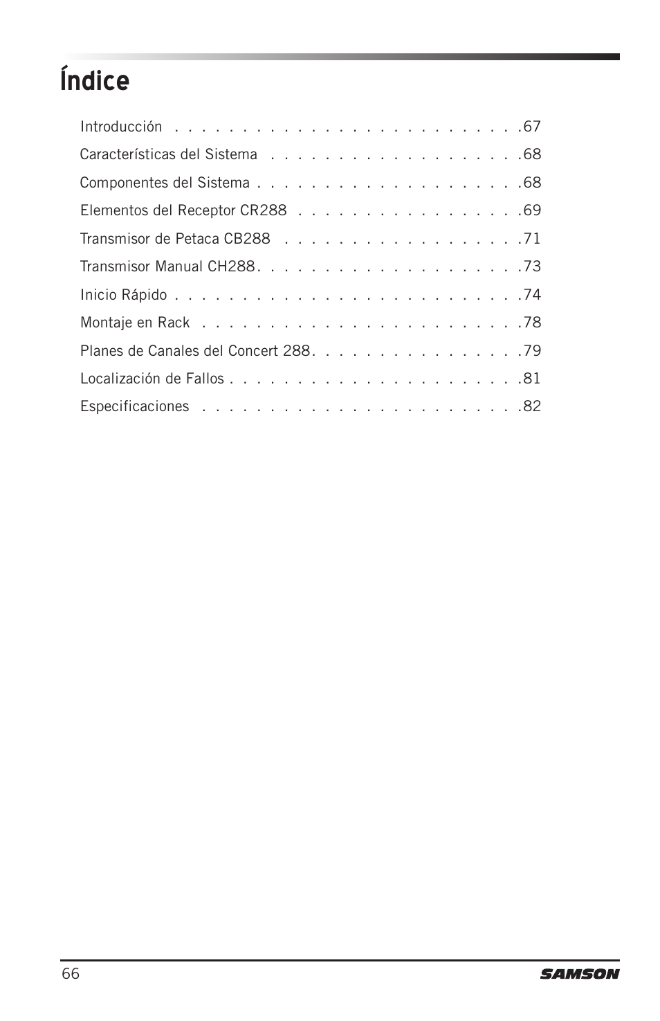 Índice | Samson CB288 Beltpack Transmitter for Concert 288 Wireless System (Band H, Channel A) User Manual | Page 66 / 104