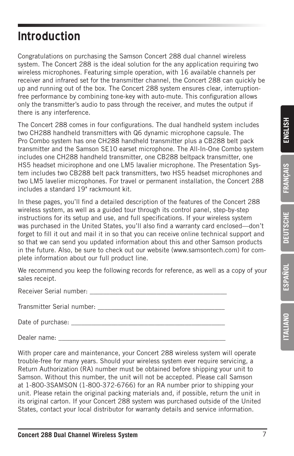 Introduction | Samson CB288 Beltpack Transmitter for Concert 288 Wireless System (Band H, Channel A) User Manual | Page 7 / 104