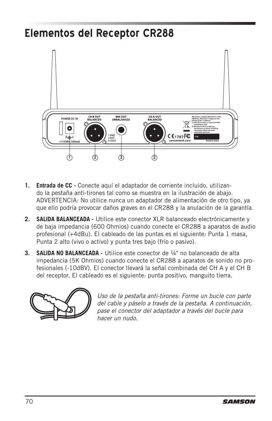 Elementos del receptor cr288 | Samson CB288 Beltpack Transmitter for Concert 288 Wireless System (Band H, Channel A) User Manual | Page 70 / 104