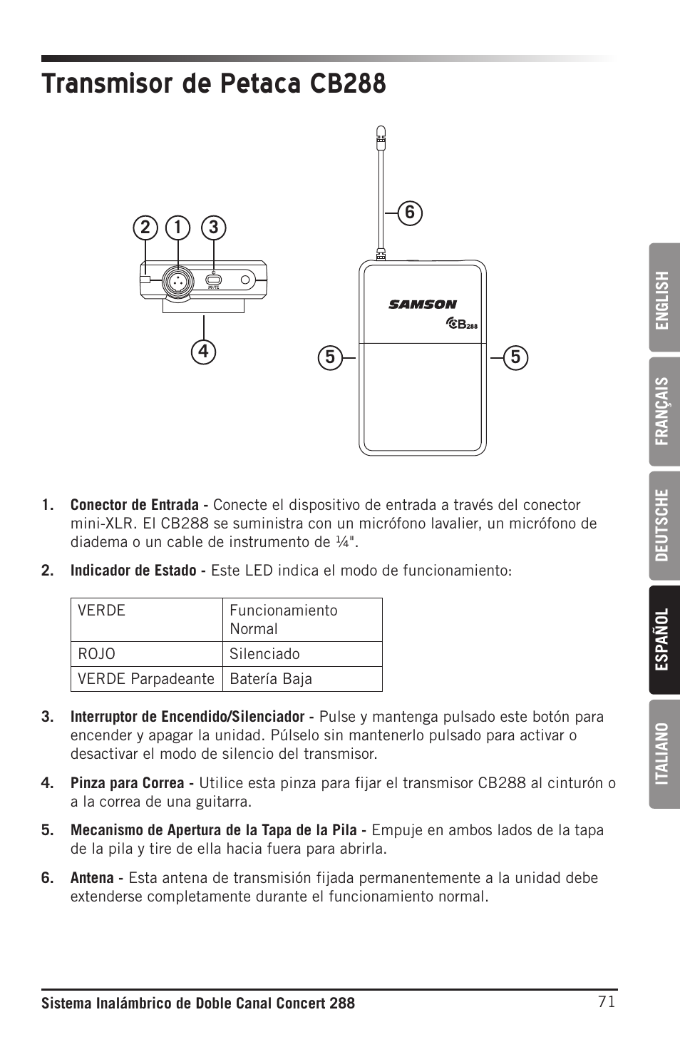 Transmisor de petaca cb288 | Samson CB288 Beltpack Transmitter for Concert 288 Wireless System (Band H, Channel A) User Manual | Page 71 / 104