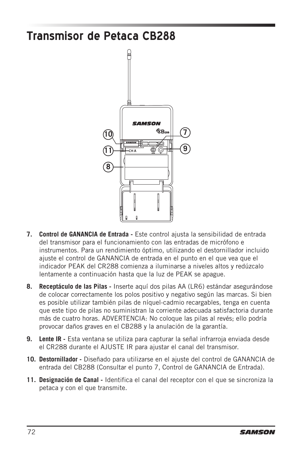 Transmisor de petaca cb288 | Samson CB288 Beltpack Transmitter for Concert 288 Wireless System (Band H, Channel A) User Manual | Page 72 / 104