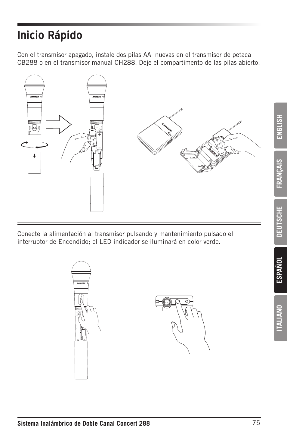 Inicio rápido, English français deutsche esp añol it aliano | Samson CB288 Beltpack Transmitter for Concert 288 Wireless System (Band H, Channel A) User Manual | Page 75 / 104