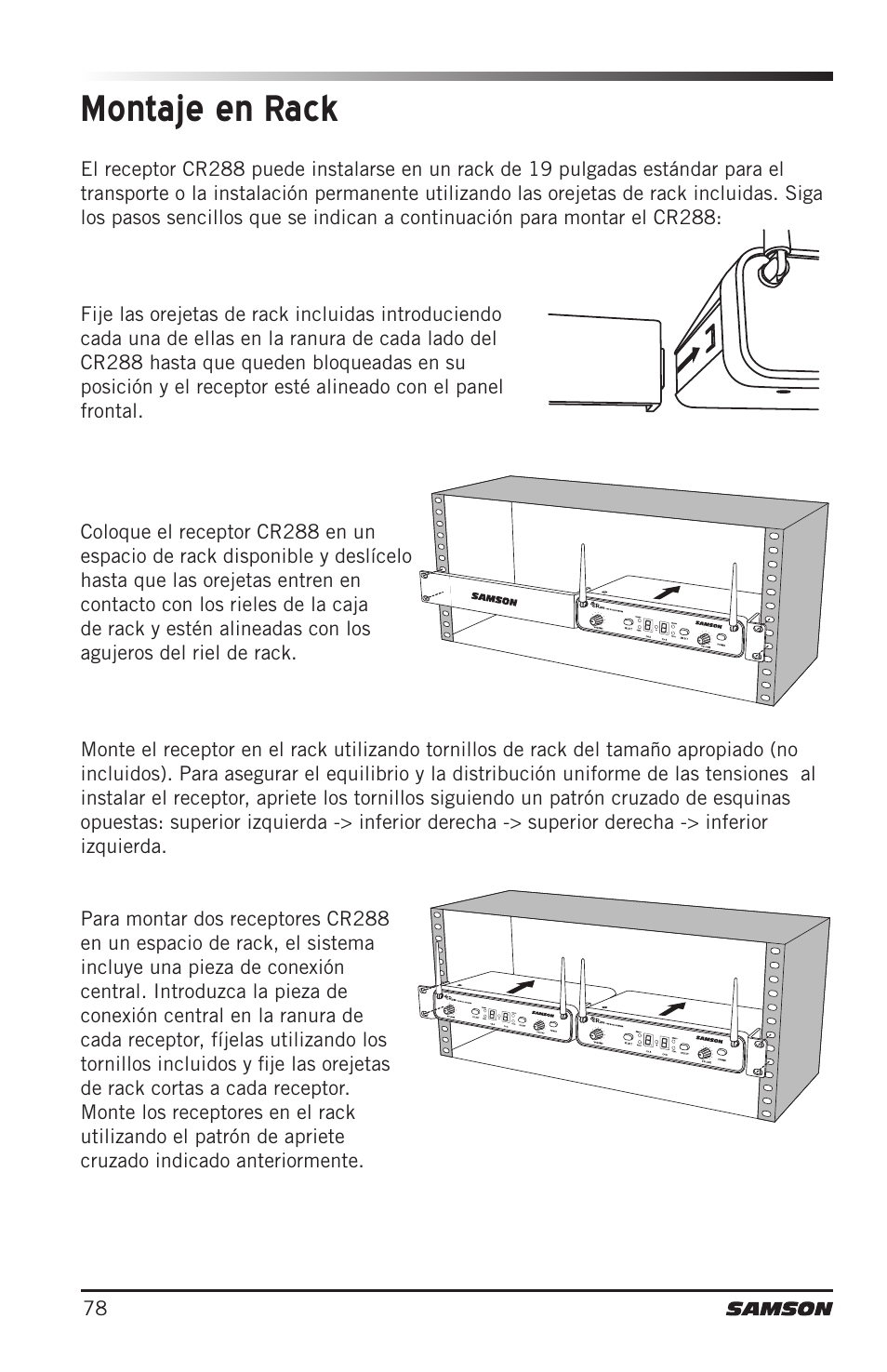Montaje en rack | Samson CB288 Beltpack Transmitter for Concert 288 Wireless System (Band H, Channel A) User Manual | Page 78 / 104
