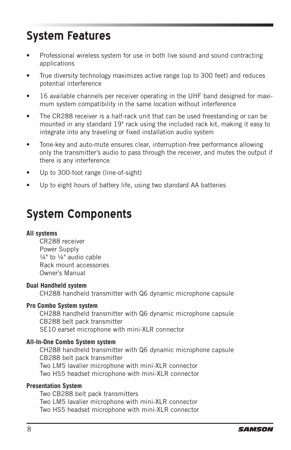 System components system features | Samson CB288 Beltpack Transmitter for Concert 288 Wireless System (Band H, Channel A) User Manual | Page 8 / 104