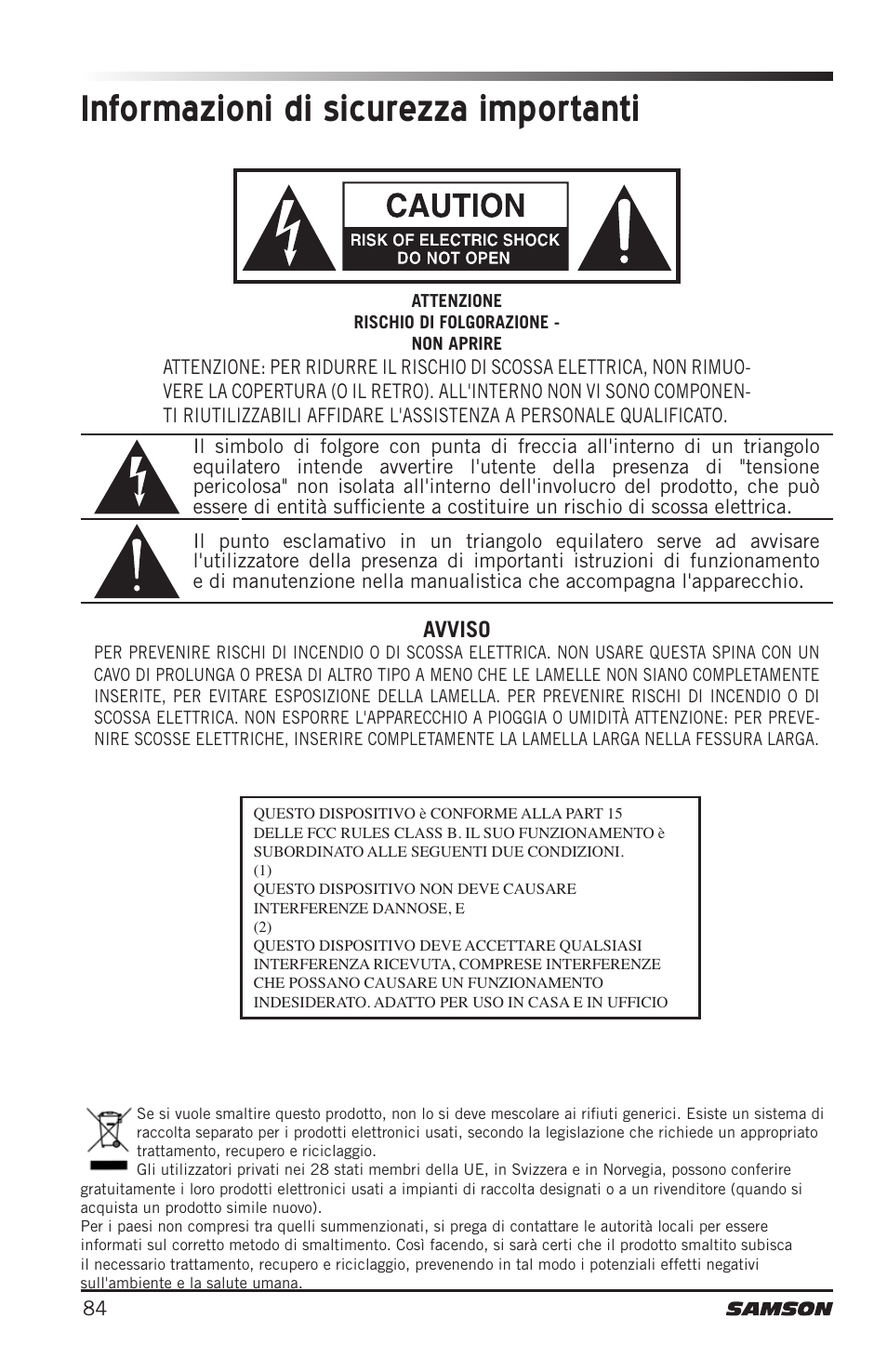 Informazioni di sicurezza importanti, Avviso | Samson CB288 Beltpack Transmitter for Concert 288 Wireless System (Band H, Channel A) User Manual | Page 84 / 104