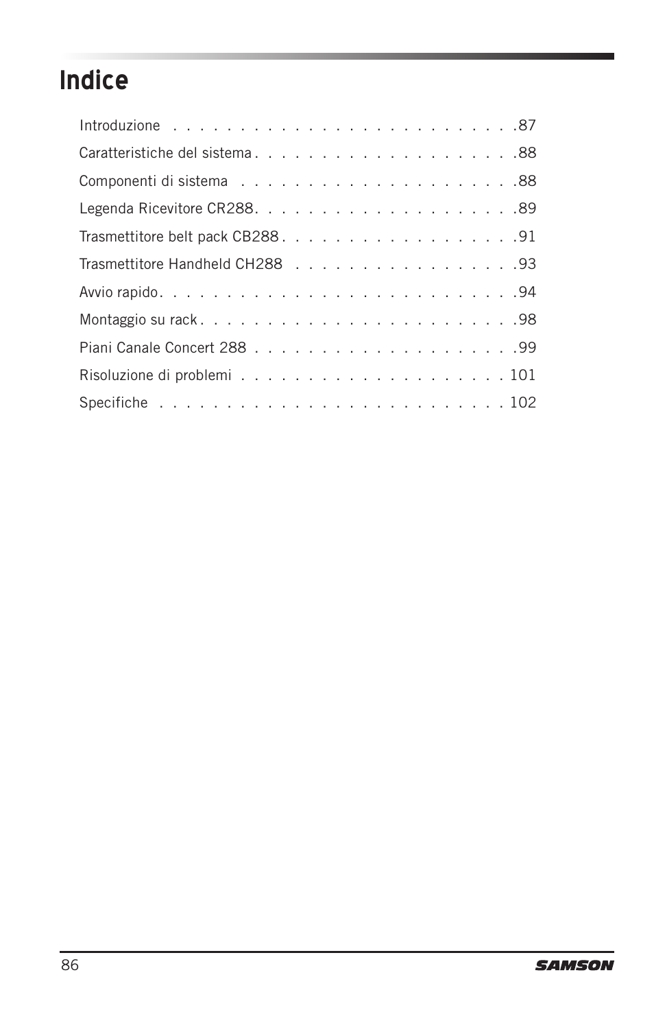 Indice | Samson CB288 Beltpack Transmitter for Concert 288 Wireless System (Band H, Channel A) User Manual | Page 86 / 104