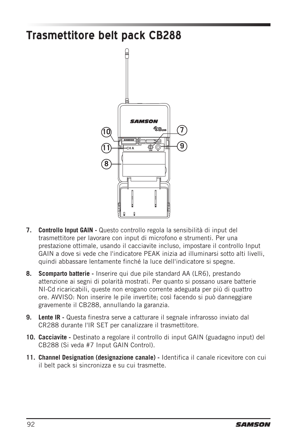 Trasmettitore belt pack cb288 | Samson CB288 Beltpack Transmitter for Concert 288 Wireless System (Band H, Channel A) User Manual | Page 92 / 104