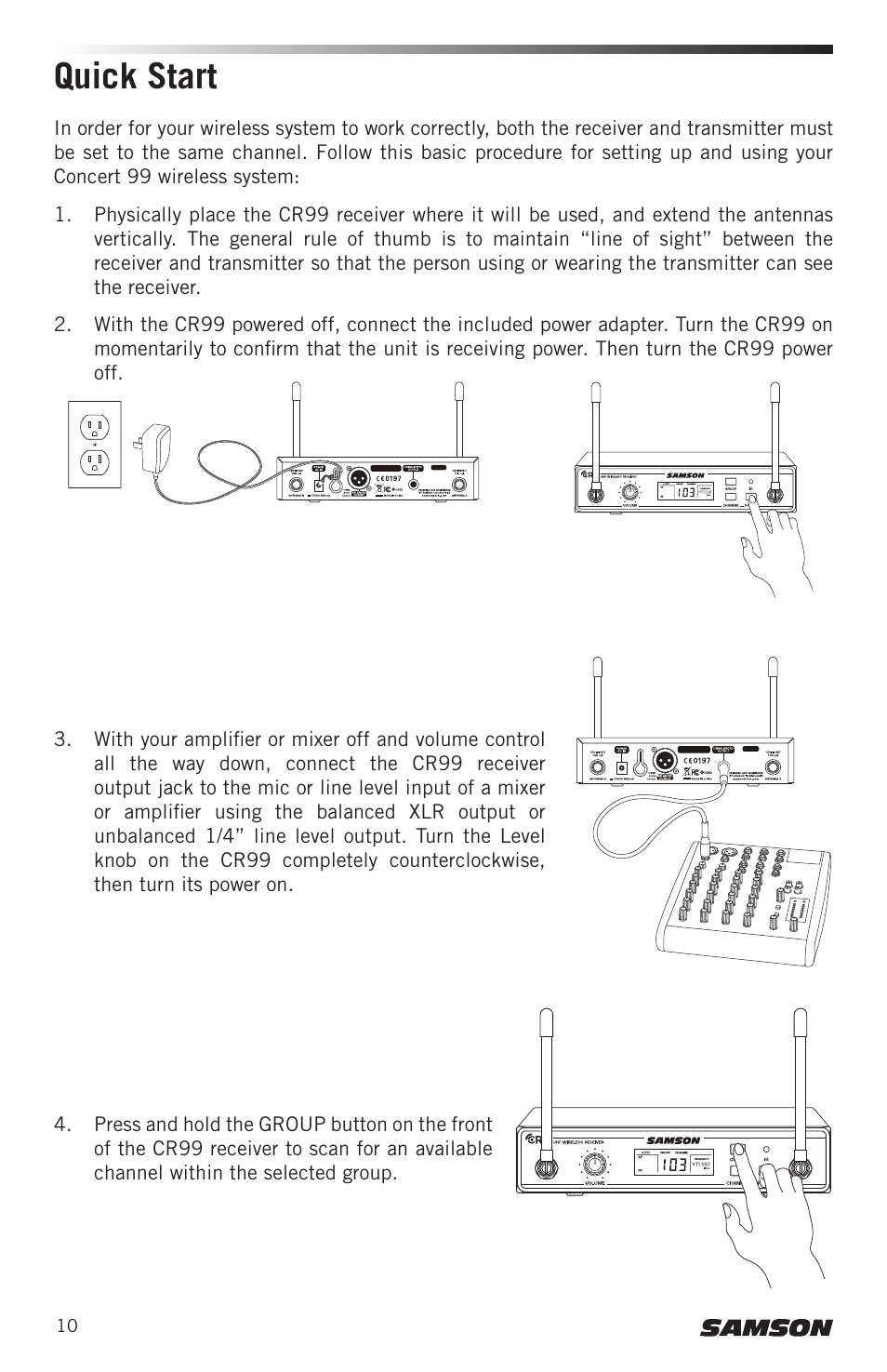 Quick start | Samson CB99 Concert 99 Frequency-Agile UHF Beltpack Transmitter (D: 542 to 566 MHz) User Manual | Page 10 / 84