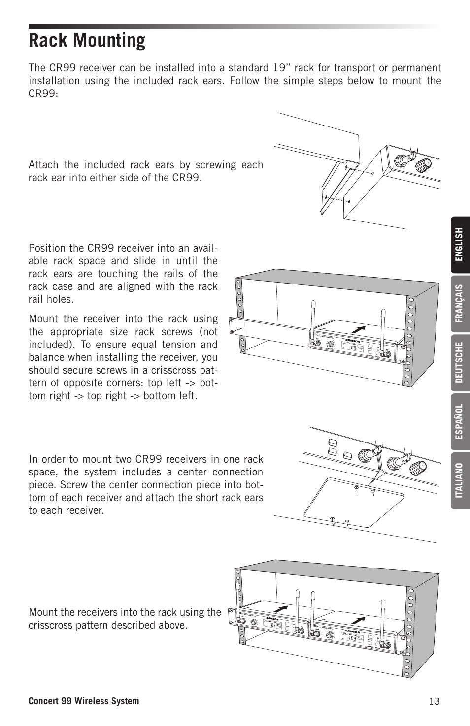 Rack mounting | Samson CB99 Concert 99 Frequency-Agile UHF Beltpack Transmitter (D: 542 to 566 MHz) User Manual | Page 13 / 84