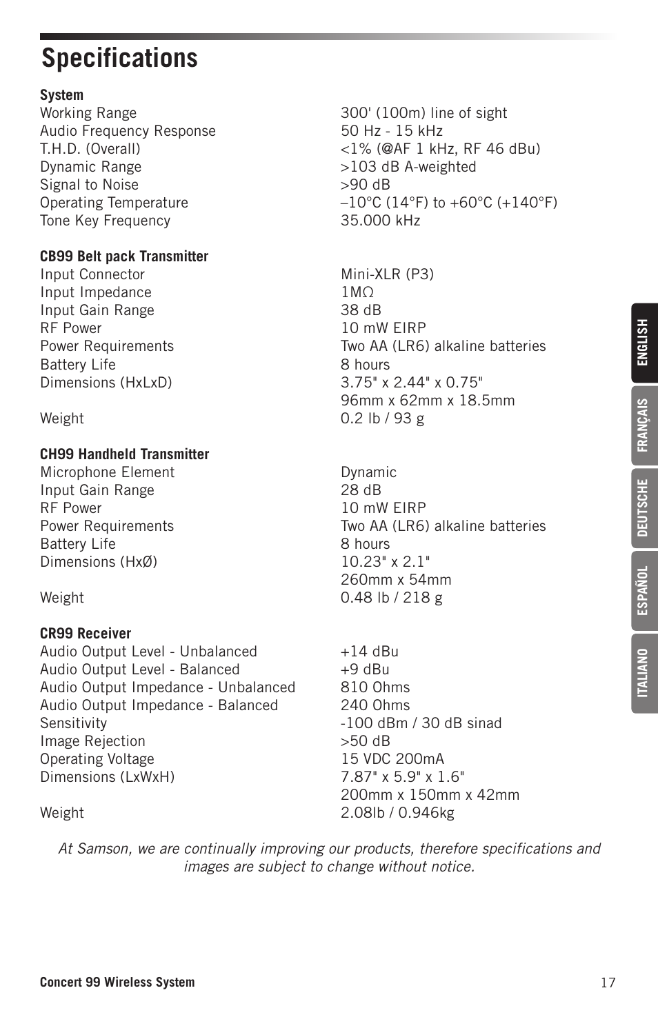 Specifications | Samson CB99 Concert 99 Frequency-Agile UHF Beltpack Transmitter (D: 542 to 566 MHz) User Manual | Page 17 / 84