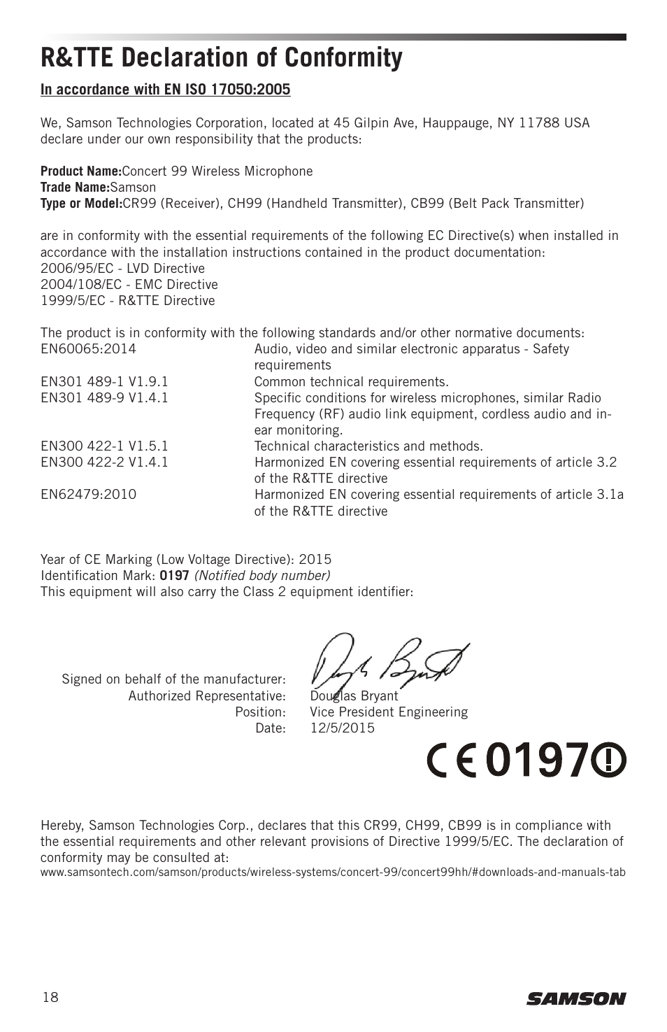 R&tte declaration of conformity | Samson CB99 Concert 99 Frequency-Agile UHF Beltpack Transmitter (D: 542 to 566 MHz) User Manual | Page 18 / 84
