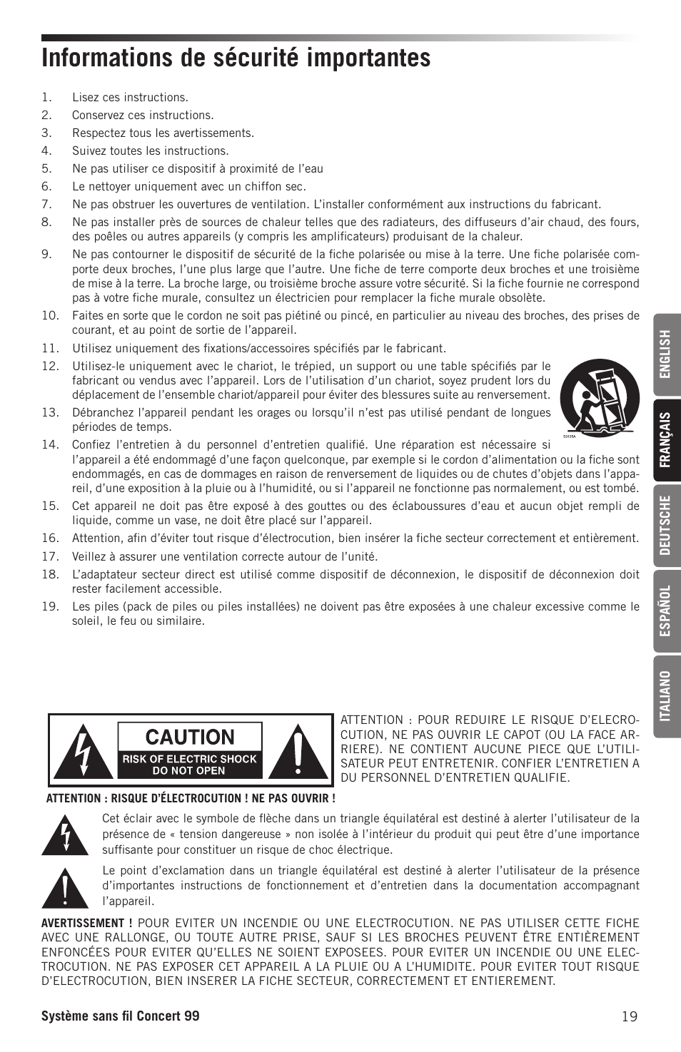 Informations de sécurité importantes | Samson CB99 Concert 99 Frequency-Agile UHF Beltpack Transmitter (D: 542 to 566 MHz) User Manual | Page 19 / 84