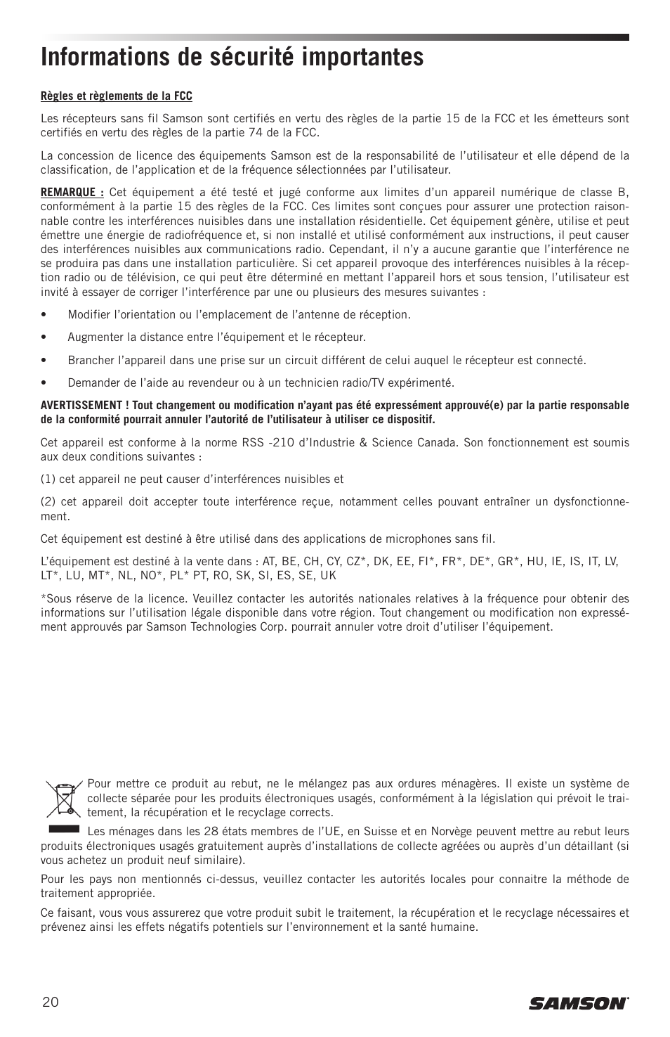 Informations de sécurité importantes | Samson CB99 Concert 99 Frequency-Agile UHF Beltpack Transmitter (D: 542 to 566 MHz) User Manual | Page 20 / 84