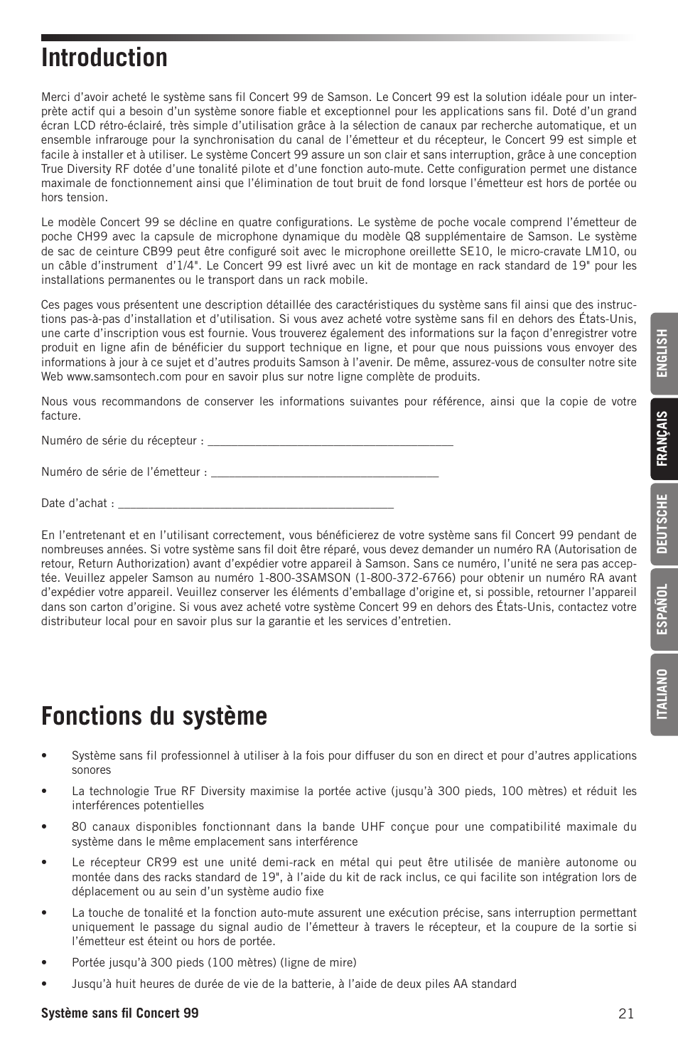 Introduction fonctions du système | Samson CB99 Concert 99 Frequency-Agile UHF Beltpack Transmitter (D: 542 to 566 MHz) User Manual | Page 21 / 84