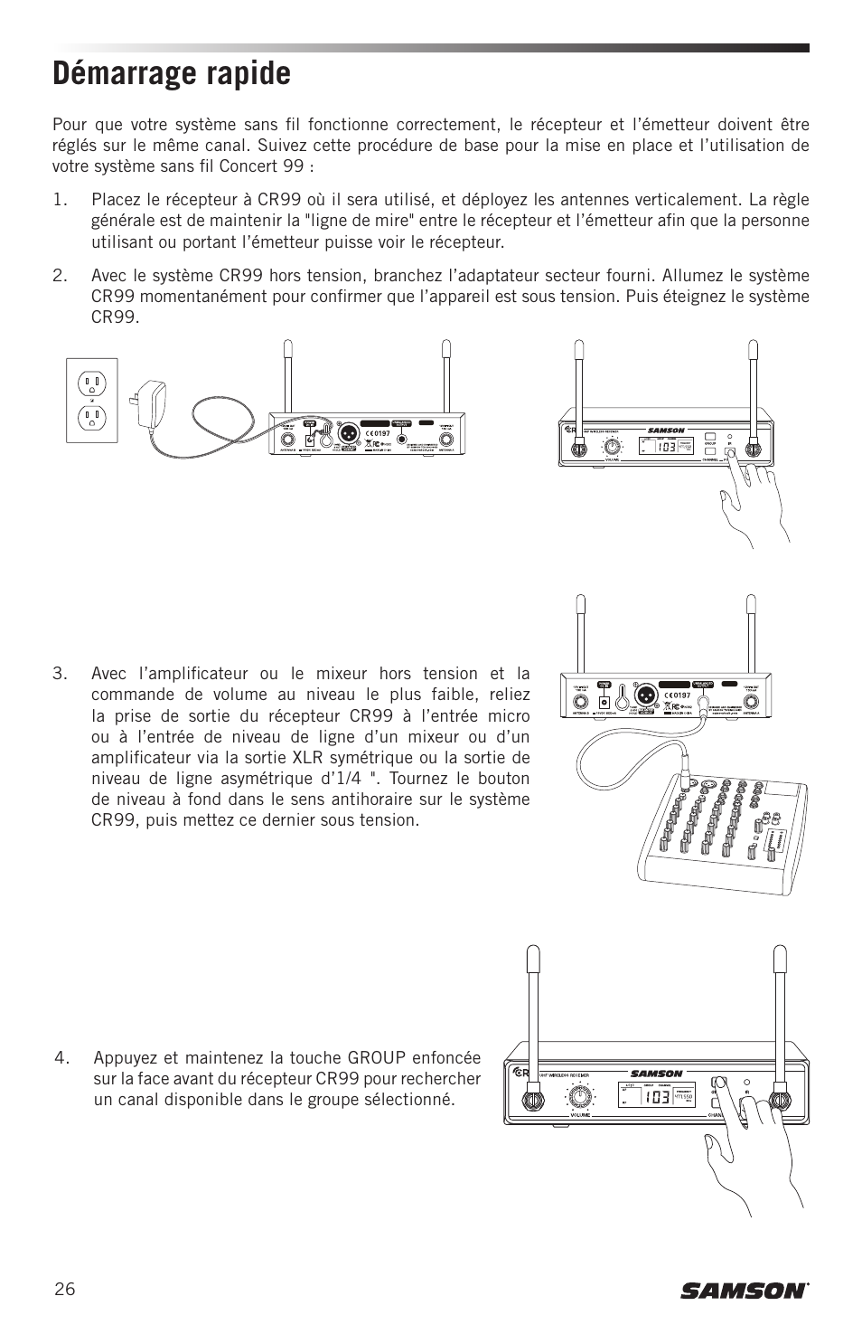 Démarrage rapide | Samson CB99 Concert 99 Frequency-Agile UHF Beltpack Transmitter (D: 542 to 566 MHz) User Manual | Page 26 / 84