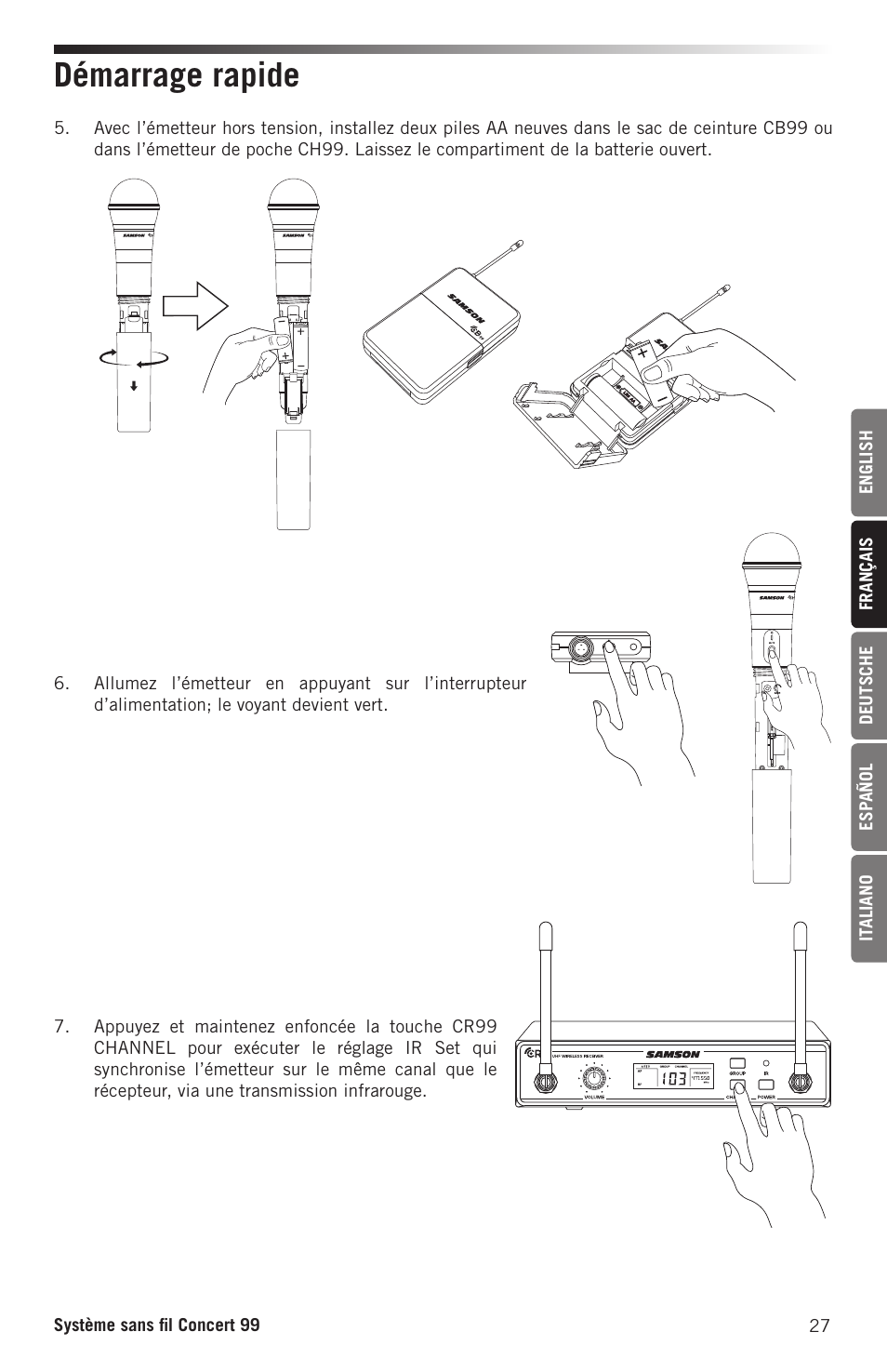 Démarrage rapide | Samson CB99 Concert 99 Frequency-Agile UHF Beltpack Transmitter (D: 542 to 566 MHz) User Manual | Page 27 / 84
