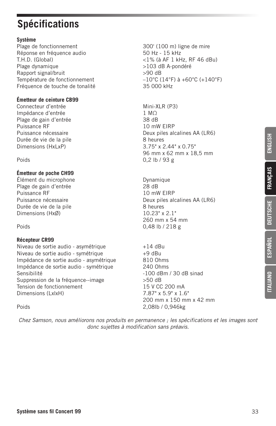 Spécifications | Samson CB99 Concert 99 Frequency-Agile UHF Beltpack Transmitter (D: 542 to 566 MHz) User Manual | Page 33 / 84