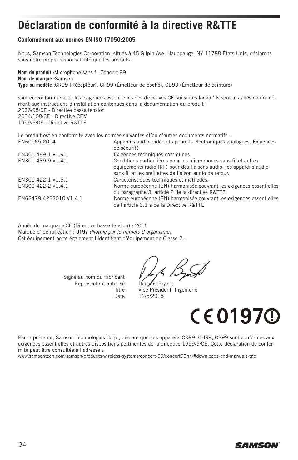 Déclaration de conformité à la directive r&tte | Samson CB99 Concert 99 Frequency-Agile UHF Beltpack Transmitter (D: 542 to 566 MHz) User Manual | Page 34 / 84