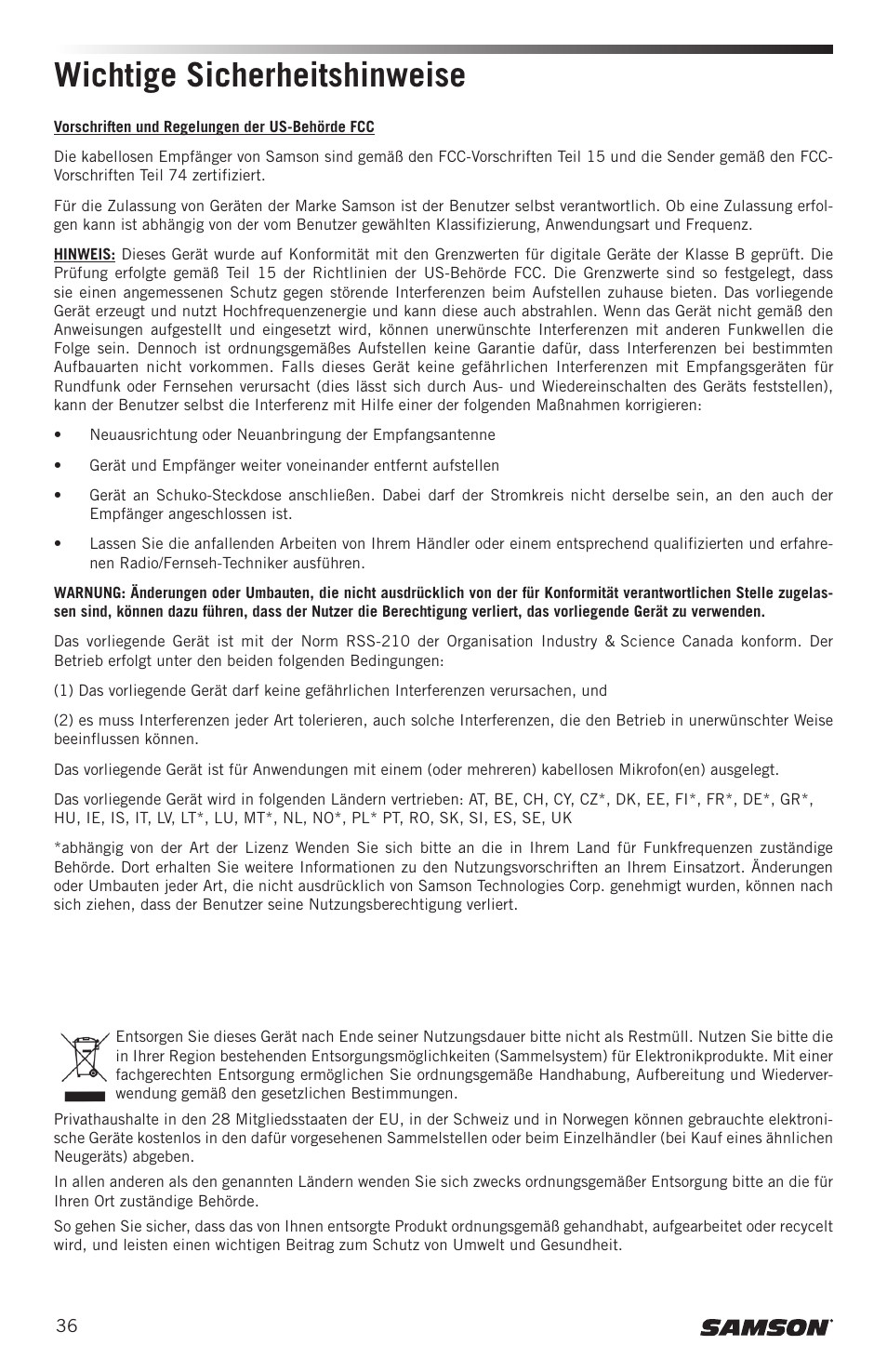 Wichtige sicherheitshinweise | Samson CB99 Concert 99 Frequency-Agile UHF Beltpack Transmitter (D: 542 to 566 MHz) User Manual | Page 36 / 84