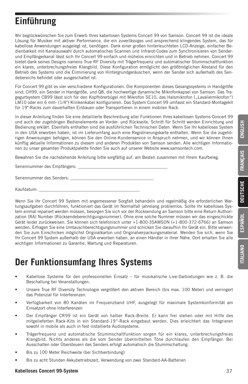 Einführung der funktionsumfang ihres systems | Samson CB99 Concert 99 Frequency-Agile UHF Beltpack Transmitter (D: 542 to 566 MHz) User Manual | Page 37 / 84