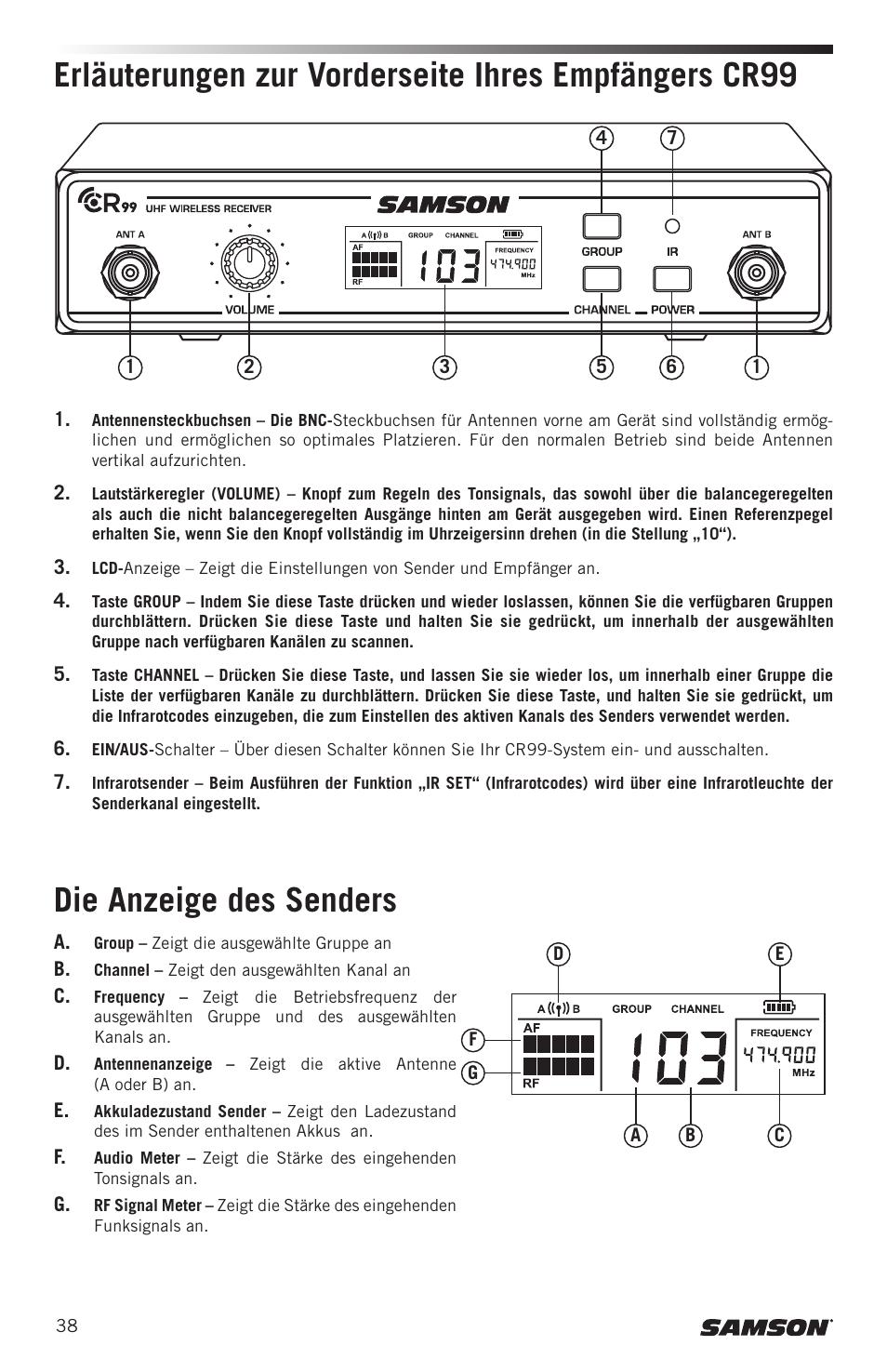 Die anzeige des senders | Samson CB99 Concert 99 Frequency-Agile UHF Beltpack Transmitter (D: 542 to 566 MHz) User Manual | Page 38 / 84