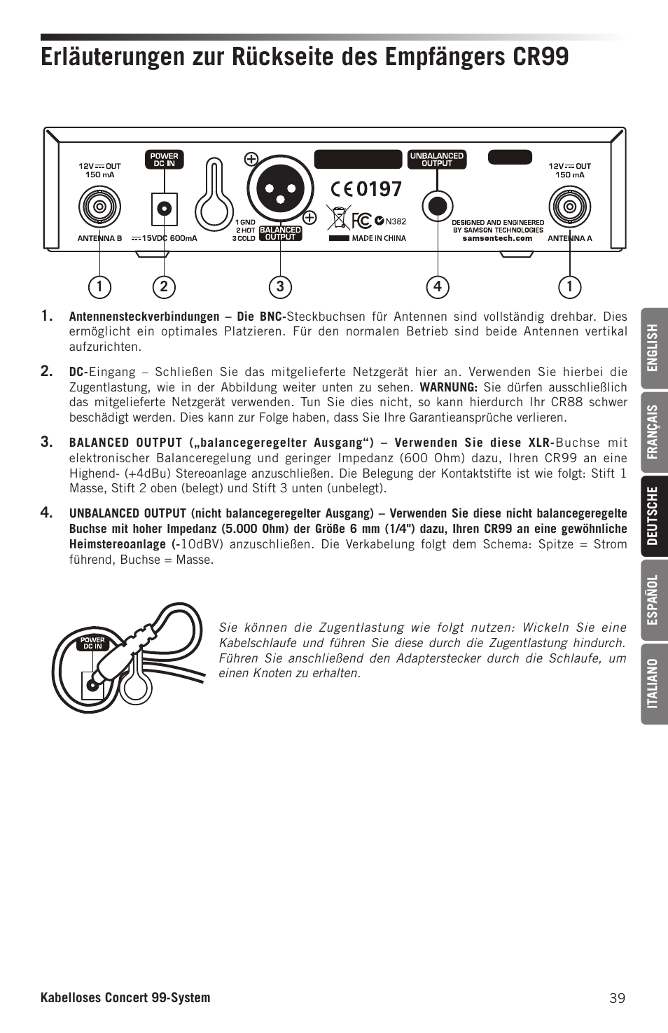 Erläuterungen zur rückseite des empfängers cr99 | Samson CB99 Concert 99 Frequency-Agile UHF Beltpack Transmitter (D: 542 to 566 MHz) User Manual | Page 39 / 84