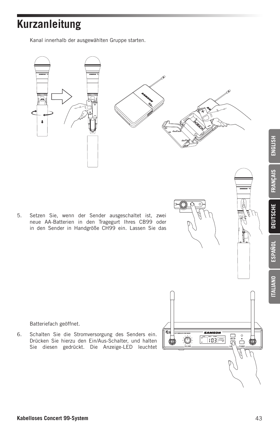 Kurzanleitung | Samson CB99 Concert 99 Frequency-Agile UHF Beltpack Transmitter (D: 542 to 566 MHz) User Manual | Page 43 / 84