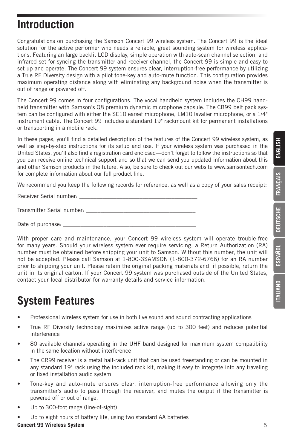 Introduction system features | Samson CB99 Concert 99 Frequency-Agile UHF Beltpack Transmitter (D: 542 to 566 MHz) User Manual | Page 5 / 84