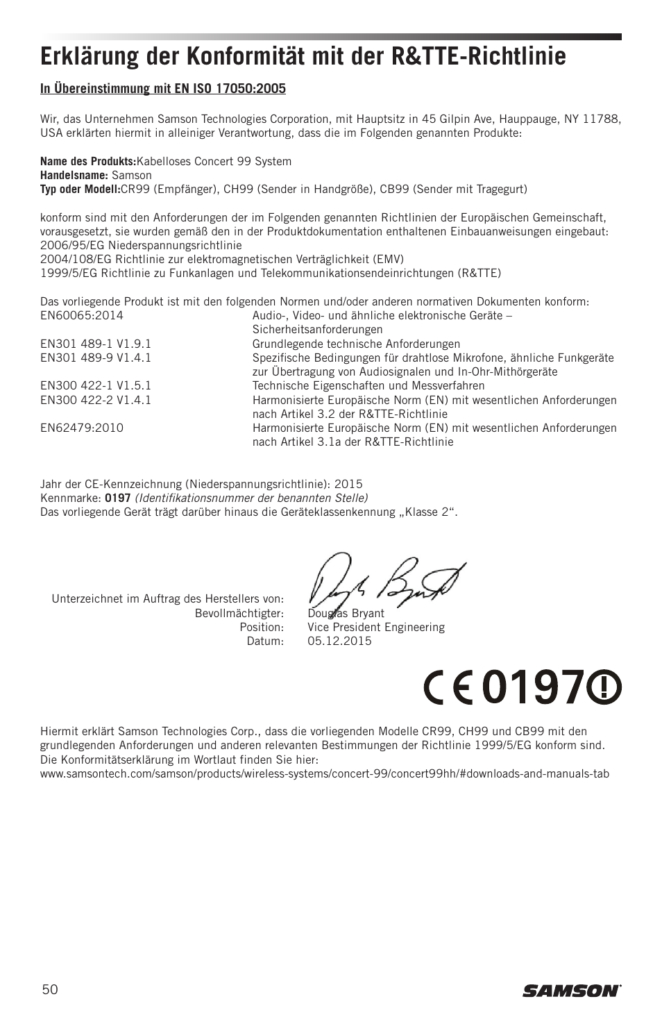 Erklärung der konformität mit der r&tte-richtlinie | Samson CB99 Concert 99 Frequency-Agile UHF Beltpack Transmitter (D: 542 to 566 MHz) User Manual | Page 50 / 84