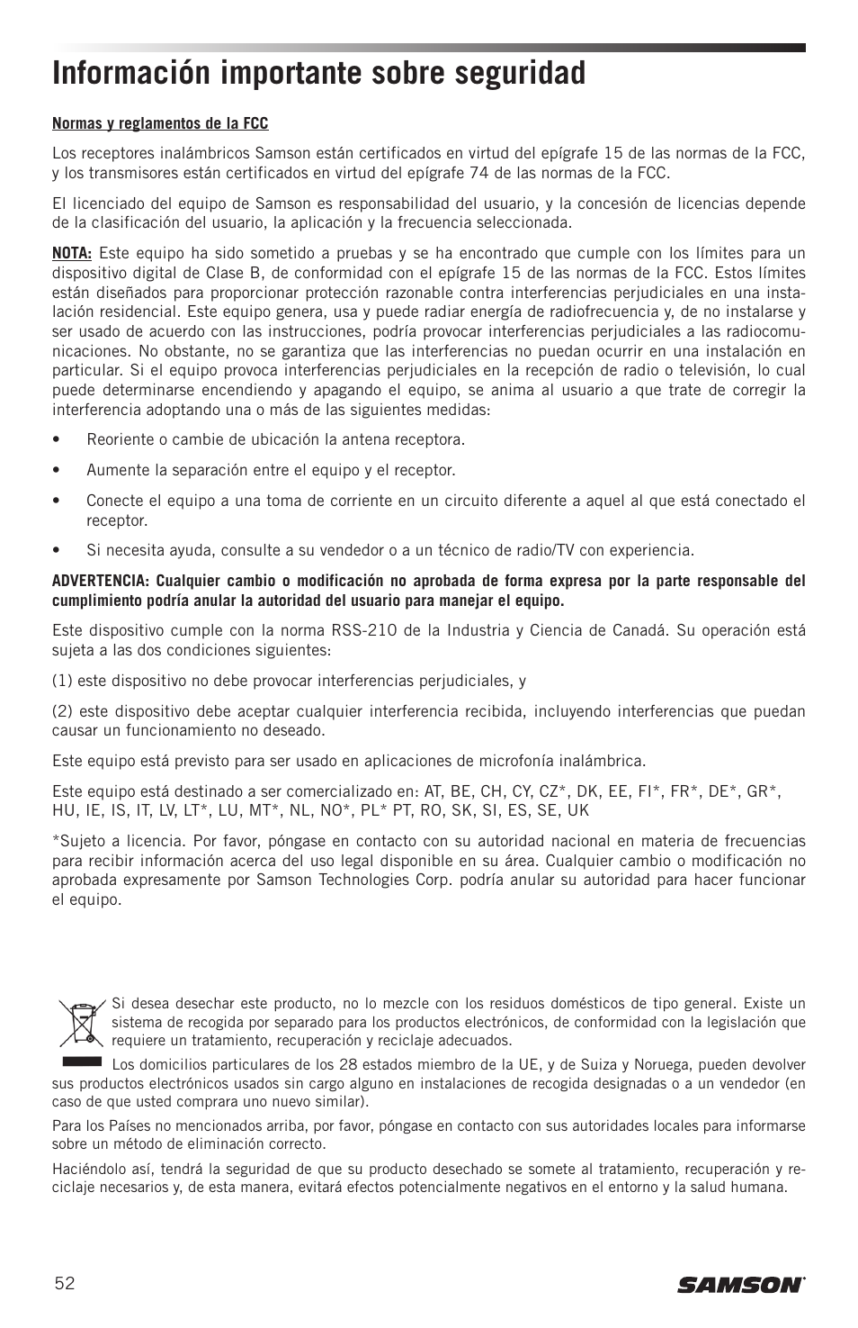 Información importante sobre seguridad | Samson CB99 Concert 99 Frequency-Agile UHF Beltpack Transmitter (D: 542 to 566 MHz) User Manual | Page 52 / 84