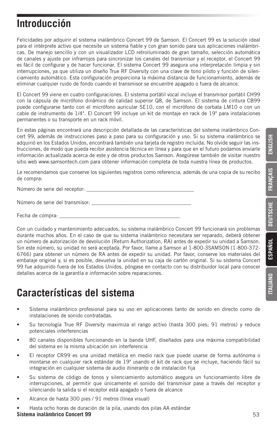 Introducción características del sistema | Samson CB99 Concert 99 Frequency-Agile UHF Beltpack Transmitter (D: 542 to 566 MHz) User Manual | Page 53 / 84