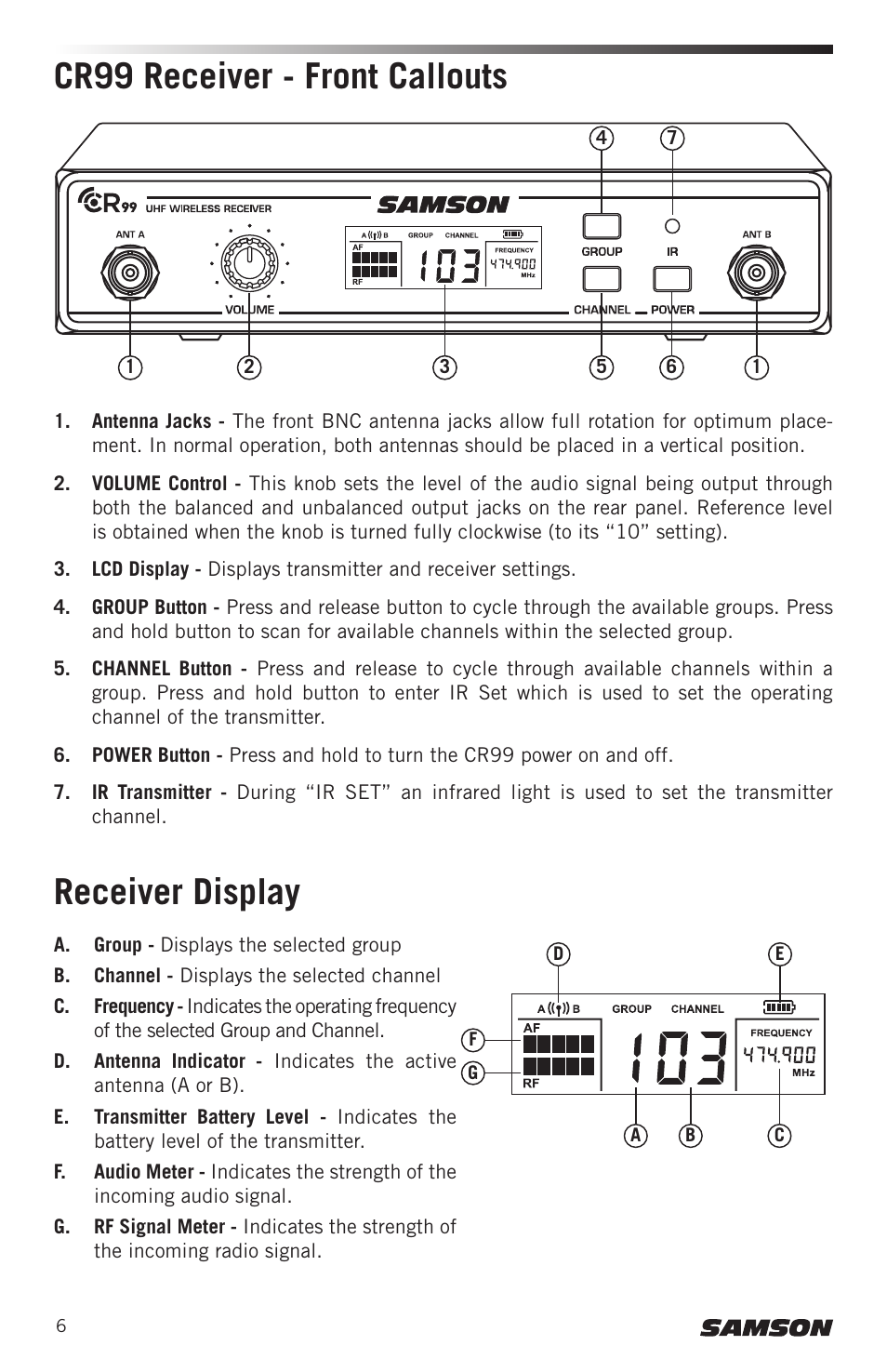 Receiver display, Cr99 receiver - front callouts | Samson CB99 Concert 99 Frequency-Agile UHF Beltpack Transmitter (D: 542 to 566 MHz) User Manual | Page 6 / 84